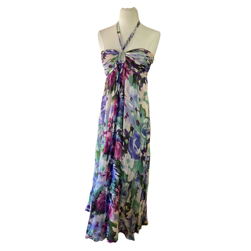 Rubber Ducky Silk maxi Dress Sz M Vtg Y2K Floral Halter Flowy‎ Fairy Maternity